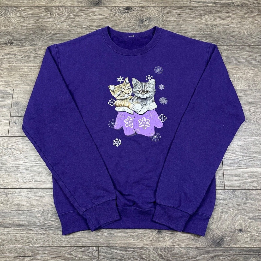 Vintage Kittens Sweatshirt Adult Small Purple Cats‎ Animals Winter Mittens